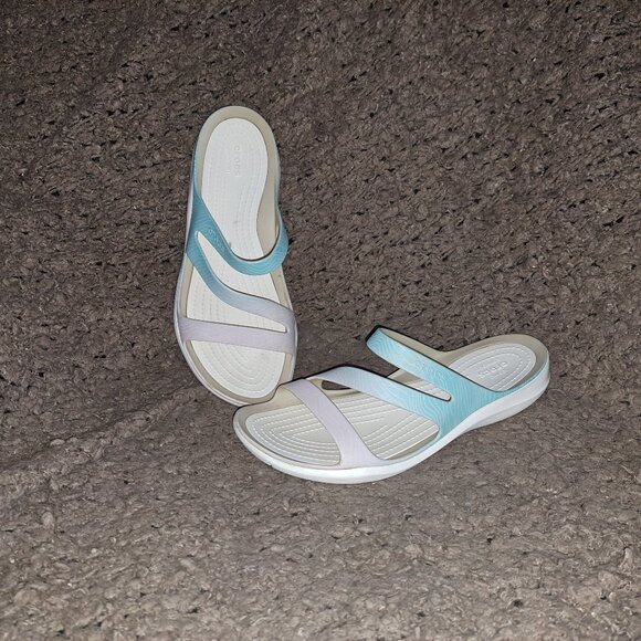 CROCS-Kadee II Sandals-Purple Blue Ombre with Wavy Lines-Sz 8-Excellent - Picture 1 of 7